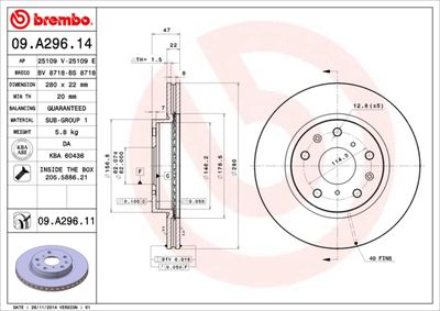 Тормозной диск BREMBO 09.A296.14 для FIAT SEDICI