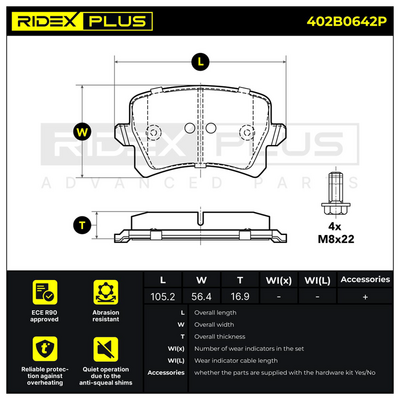 комплект спирачно феродо, дискови спирачки RIDEX 402B0642P