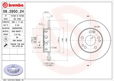 Тормозной диск BREMBO 08.2950.24 для MERCEDES-BENZ 190