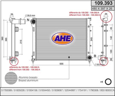 Радиатор, охлаждение двигателя AHE 109.393 для FIAT 500