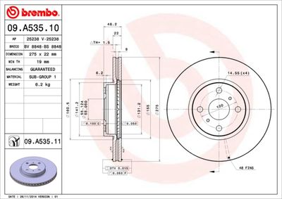 Тормозной диск BREMBO 09.A535.10 для TOYOTA RACTIS