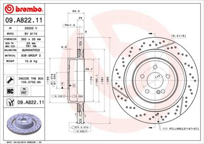 Тормозной диск BREMBO 09.A822.11 для MERCEDES-BENZ CLS