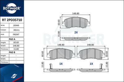 комплект спирачно феродо, дискови спирачки ROTINGER RT 2PD35710