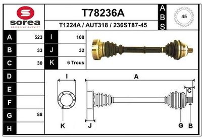 EAI T78236A Полуось в сборе  для AUDI 90 B3 (893, 894, 8A2) 2.3 E