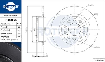 ROTINGER RT 1931-GL Тормозные диски  для ALFA ROMEO GIULIETTA (940_) 1.4 TB (940.FYA1A)