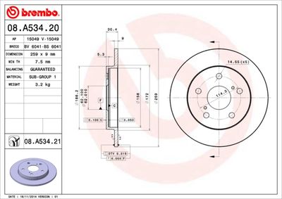 Тормозной диск BREMBO 08.A534.21 для TOYOTA AURIS