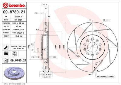 Тормозной диск BREMBO 09.8780.21 для ASTON MARTIN DB9