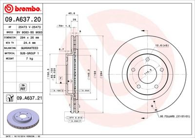 Тормозной диск BREMBO 09.A637.21 для PEUGEOT 4008