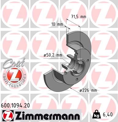 Тормозной диск ZIMMERMANN 600.1094.20 для VW KAEFER