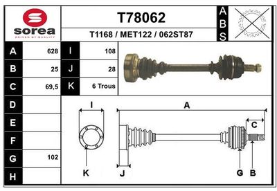 Приводной вал EAI T78062 для MERCEDES-BENZ 190