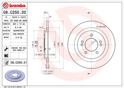 Тормозной диск BREMBO 08.C250.21 для HYUNDAI i40