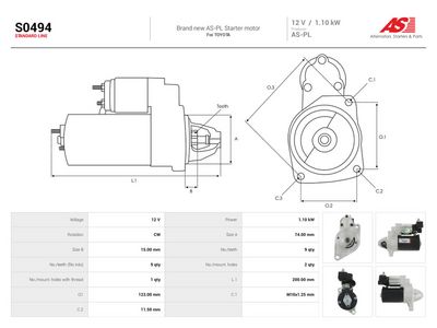 Startmotor AS-PL S0494 för TOYOTA