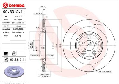 Тормозной диск BREMBO 09.B312.11 для JAGUAR XF