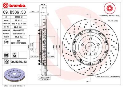Тормозной диск BREMBO 09.B386.33 для NISSAN GT-R