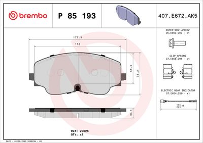 Zestaw klocków hamulcowych, hamulce tarczowe BREMBO P 85 193