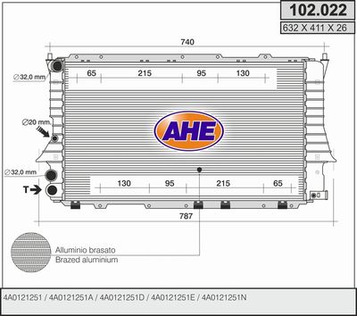 Радиатор, охлаждение двигателя AHE 102.022 для AUDI 100