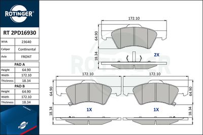 комплект спирачно феродо, дискови спирачки ROTINGER