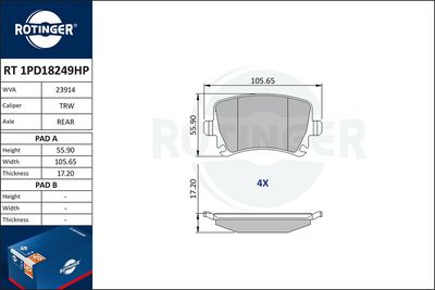 Zestaw klocków hamulcowych, hamulce tarczowe ROTINGER RT1PD18249HP