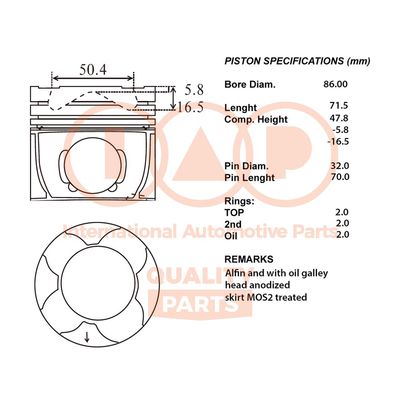 Поршень IAP QUALITY PARTS 100-12130 для FIAT FULLBACK