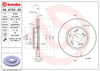 Тормозной диск BREMBO 09.6752.20 для BYD F6