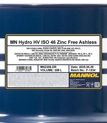 Hydraulolja HV ISO 46 Zinc Free 208 Liter MANNOL MN2206-DR-208