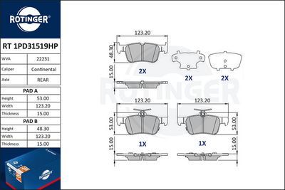 Zestaw klocków hamulcowych, hamulce tarczowe ROTINGER RT1PD31519HP