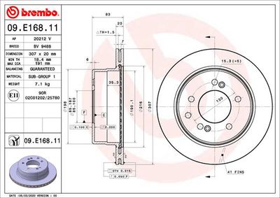 Тормозной диск BREMBO 09.E168.11 для SSANGYONG RODIUS