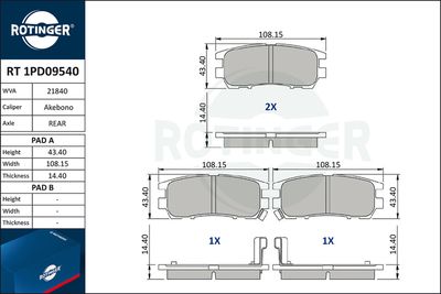 Zestaw klocków hamulcowych, hamulce tarczowe ROTINGER RT 1PD09540