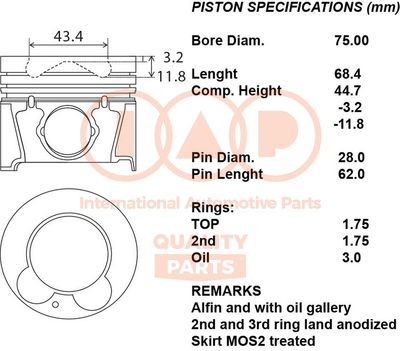 IAP QUALITY PARTS 100-07047 Поршень  для HYUNDAI i20 I (PB, PBT) 1.4 CRDi