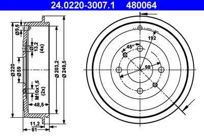 Тормозной барабан ATE 24.0220-3007.1 для FIAT IDEA