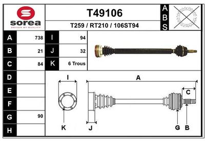 EAI T49106 Сальник полуоси  для RENAULT CLIO I (B/C57_, 5/357_) 1.4 (B/C57T, B/C57Y)