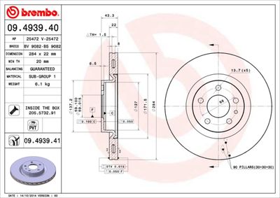 Тормозной диск BREMBO 09.4939.41 для FIAT 500L