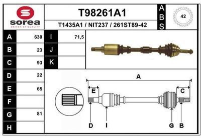 EAI T98261A1 Полуось в сборе  для NISSAN MICRA II (K11) 1.5 D