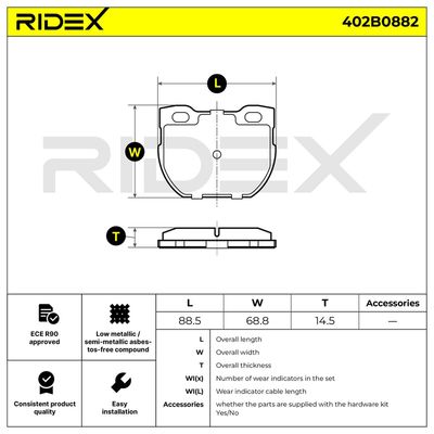 комплект спирачно феродо, дискови спирачки RIDEX 402B0882