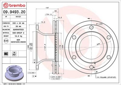 Brake disc achter Links/Rechts (330mmx34mm) past: RVI D, MIDLUM  VOLVO FH III, FH16 III, FL III, FM III, FMX II, FMX III 05.06-