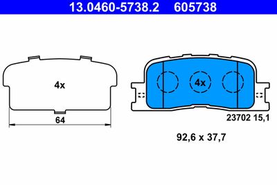 Комплект тормозных колодок, дисковый тормоз ATE 13.0460-5738.2 для TOYOTA WISH