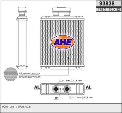 Теплообменник, отопление салона AHE 93838 для VW FOX