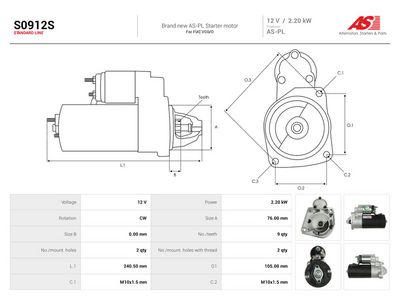 Starter AUTOSTARTER S0912S for VOLVO, FORD