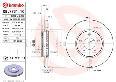 Тормозной диск BREMBO 09.7731.11 для JAGUAR XK