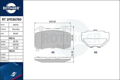 комплект спирачно феродо, дискови спирачки ROTINGER RT 1PD36760