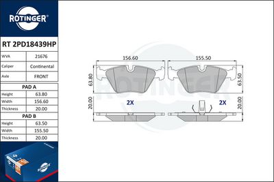 комплект спирачно феродо, дискови спирачки ROTINGER RT 2PD18439HP