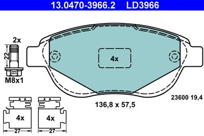 Комплект тормозных колодок, дисковый тормоз ATE 13.0470-3966.2 для PEUGEOT 206