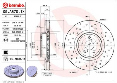 BREMBO 09.A870.1X Тормозные диски  для SUBARU OUTBACK (Субару Оутбакk)