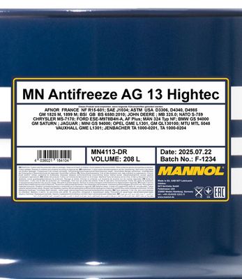Glykol MANNOL 4113 Antifreeze AG13 Hightec 208 Liter Koncentrerad MN4113-DR