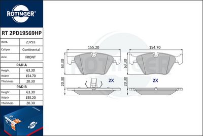 комплект спирачно феродо, дискови спирачки ROTINGER RT 2PD19569HP