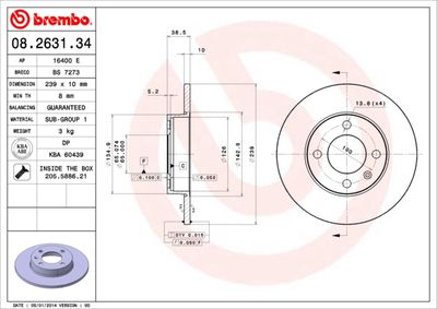 Тормозной диск BREMBO 08.2631.34 для VW PASSAT