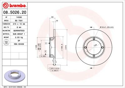 Тормозной диск BREMBO 08.5026.20 для DAEWOO TICO