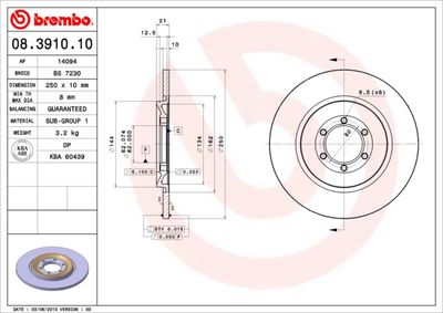 Тормозной диск BREMBO 08.3910.10 для ALFA ROMEO ALFETTA