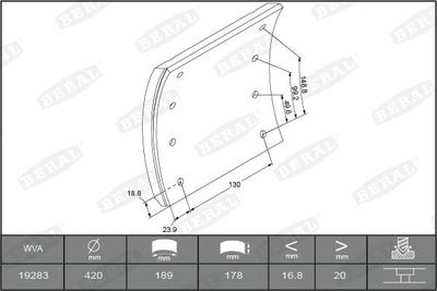 Brake shoe lining Achter (420x180. basis) past: SAF KRS, RBM, RLBM, RLSM, RSM, RZM, SKRLS, SKRLZ, SKRS, SKRZ, SKZRLZ, WRZM