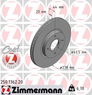 Тормозной диск ZIMMERMANN 250.1362.20 для FORD B-MAX